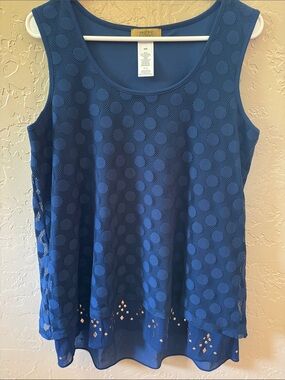 Valerie Stevens Blue Sleeveless Polka Dot Mesh Tank